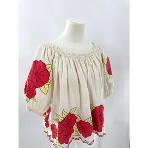 The Great. Ivory Red Flower Smocked Peasant Blouse Embroidered Top